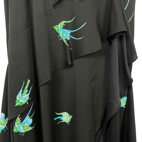 Diane von Furstenberg Black Bird Print Asymmetric Silk Jersey Ruffle Dress - Picture 9 of 12